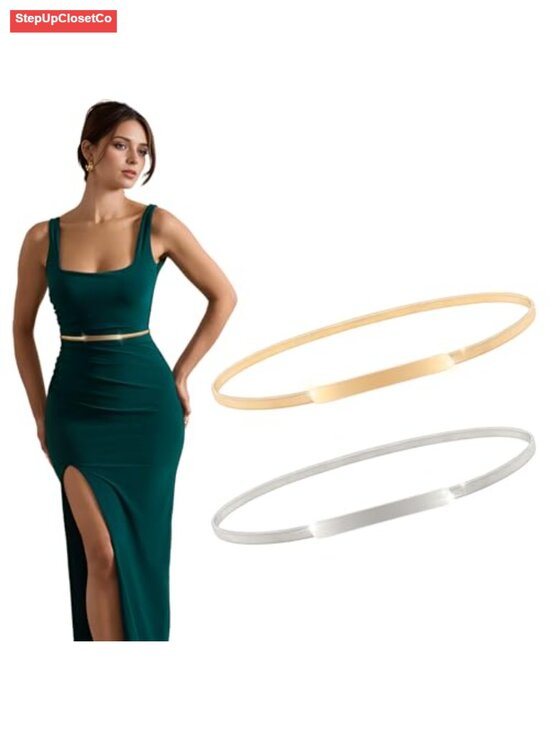 Accessories - 2-Piece Skinny Metal Chain Waist Belt for Women, Stretchy Saree Cinch Belt for